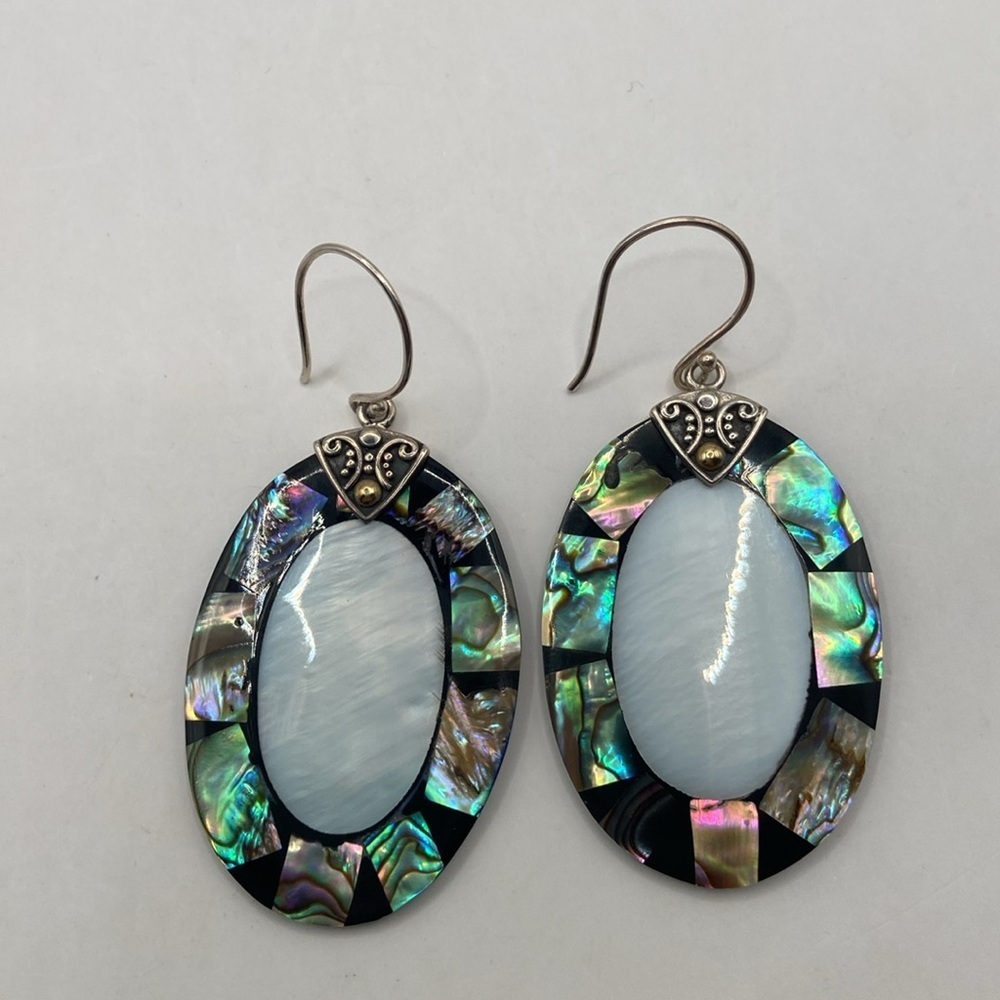 Robert Manse Sterling Silver 18K Abalone Mother of Pearl Earrings 2 1/4”L - Picture 9 of 13